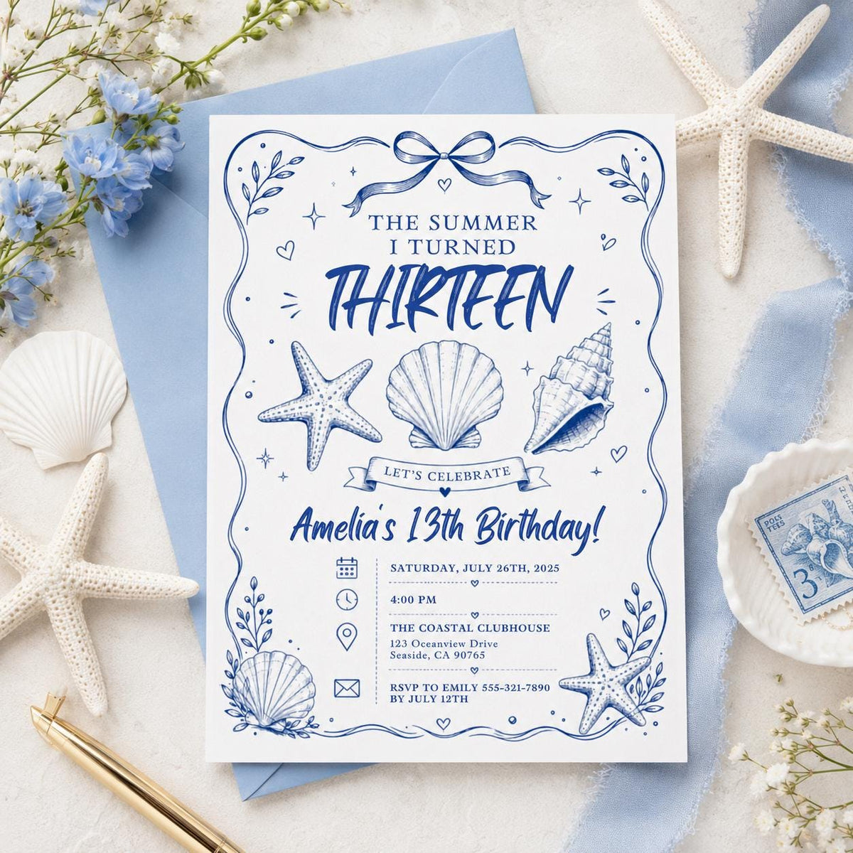 Editable Coastal Birthday Invitation Canva Template, Blue Girls Teens Beach Cute Fun DIY Chic Kids Party Invite, Printable Digital Download.