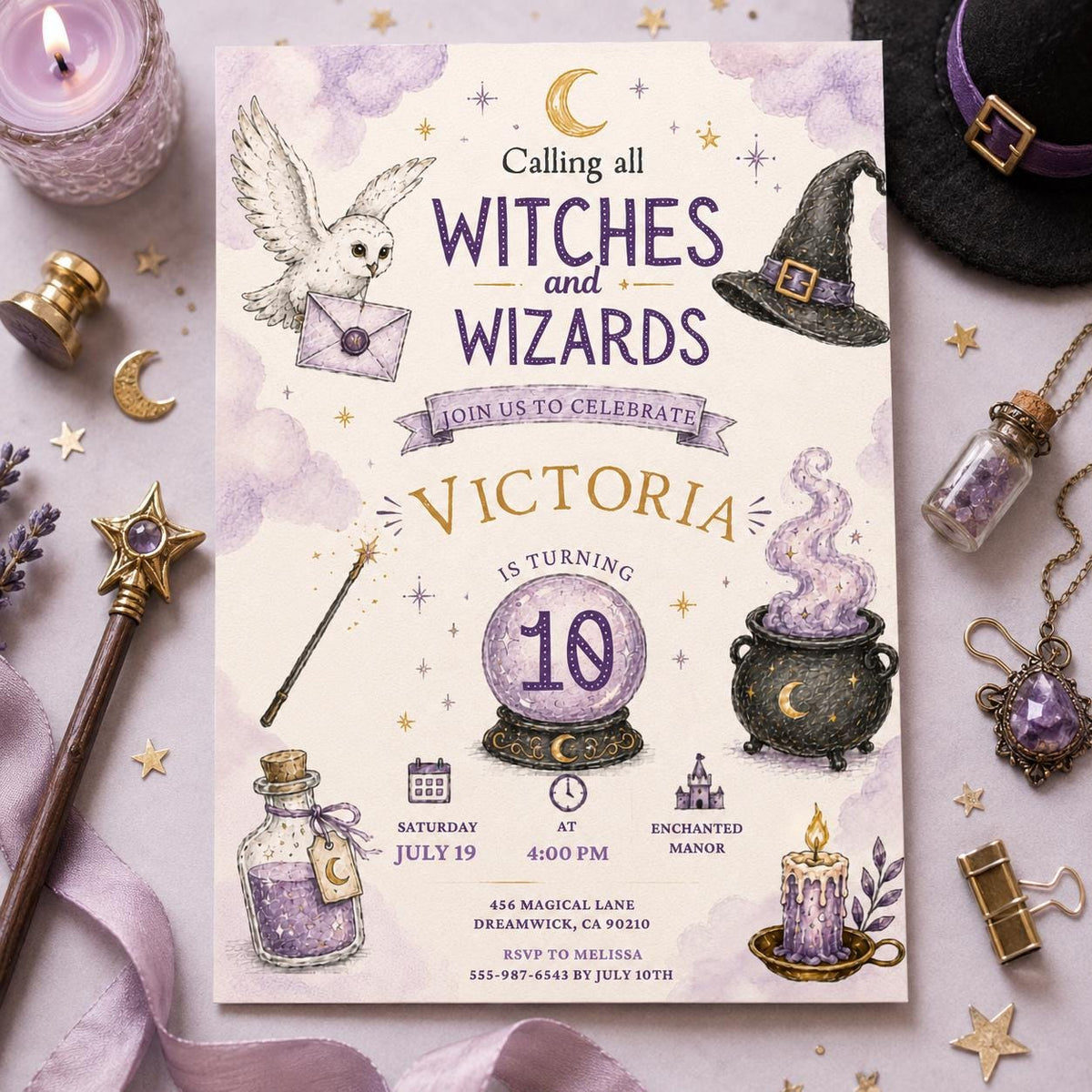 Editable Wizards Witches Birthday Invitation Canva Template, Cute Modern Fun Themed DIY Sweet Chic Party Invite, Printable Digital Download.