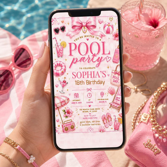 Editable Pool Birthday Invitation Canva Template, Pink Girls Teens Pool Cute Modern Fun Themed DIY Party Invite, Printable Digital Download.