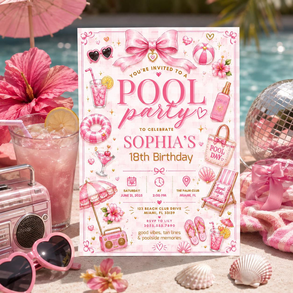 Editable Pool Birthday Invitation Canva Template, Pink Girls Teens Pool Cute Modern Fun Themed DIY Party Invite, Printable Digital Download.