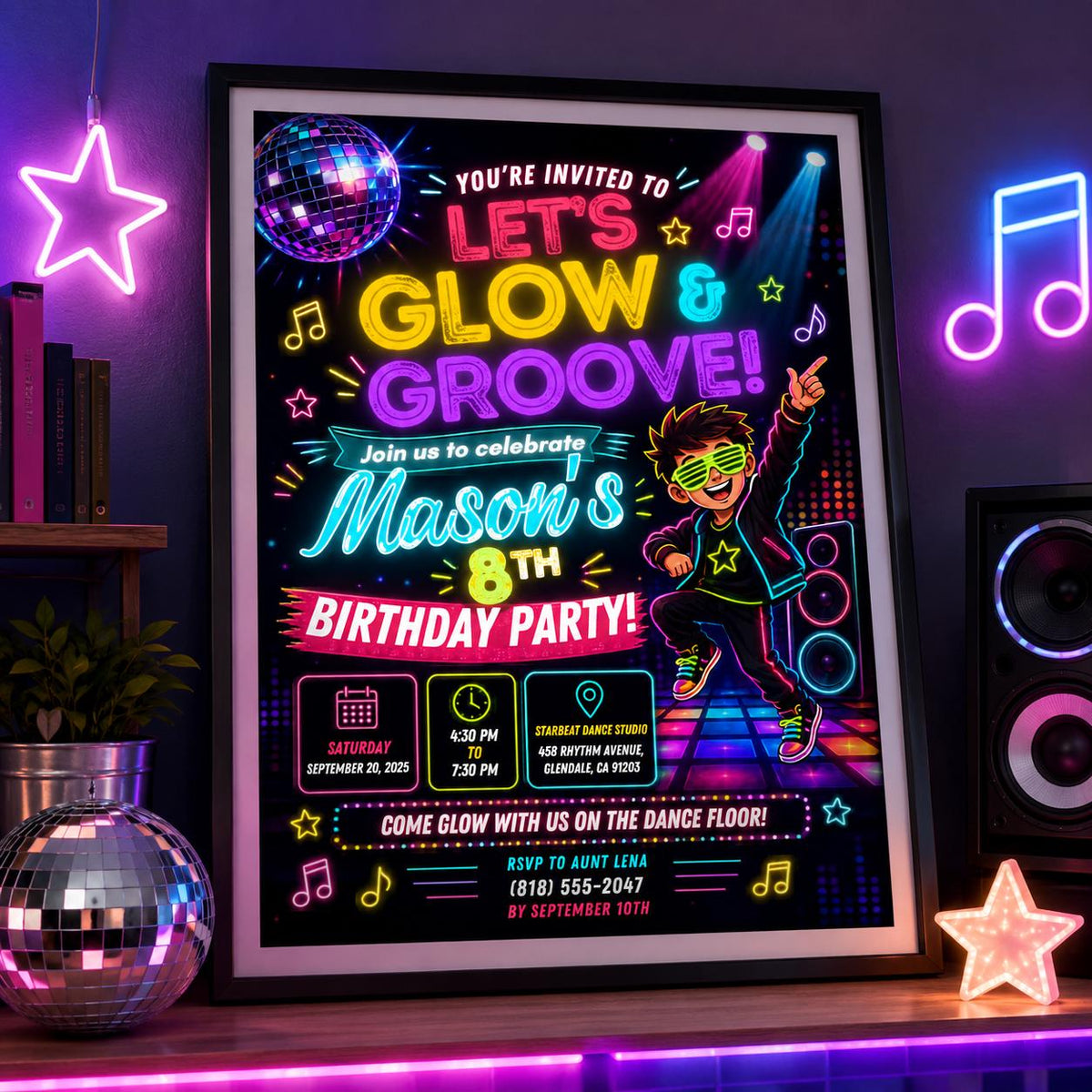 Editable Neon Glow Birthday Invitation Canva Template, Neon Cute Modern Fun Themed Custom DIY Chic Party Invite, Printable Digital Download.