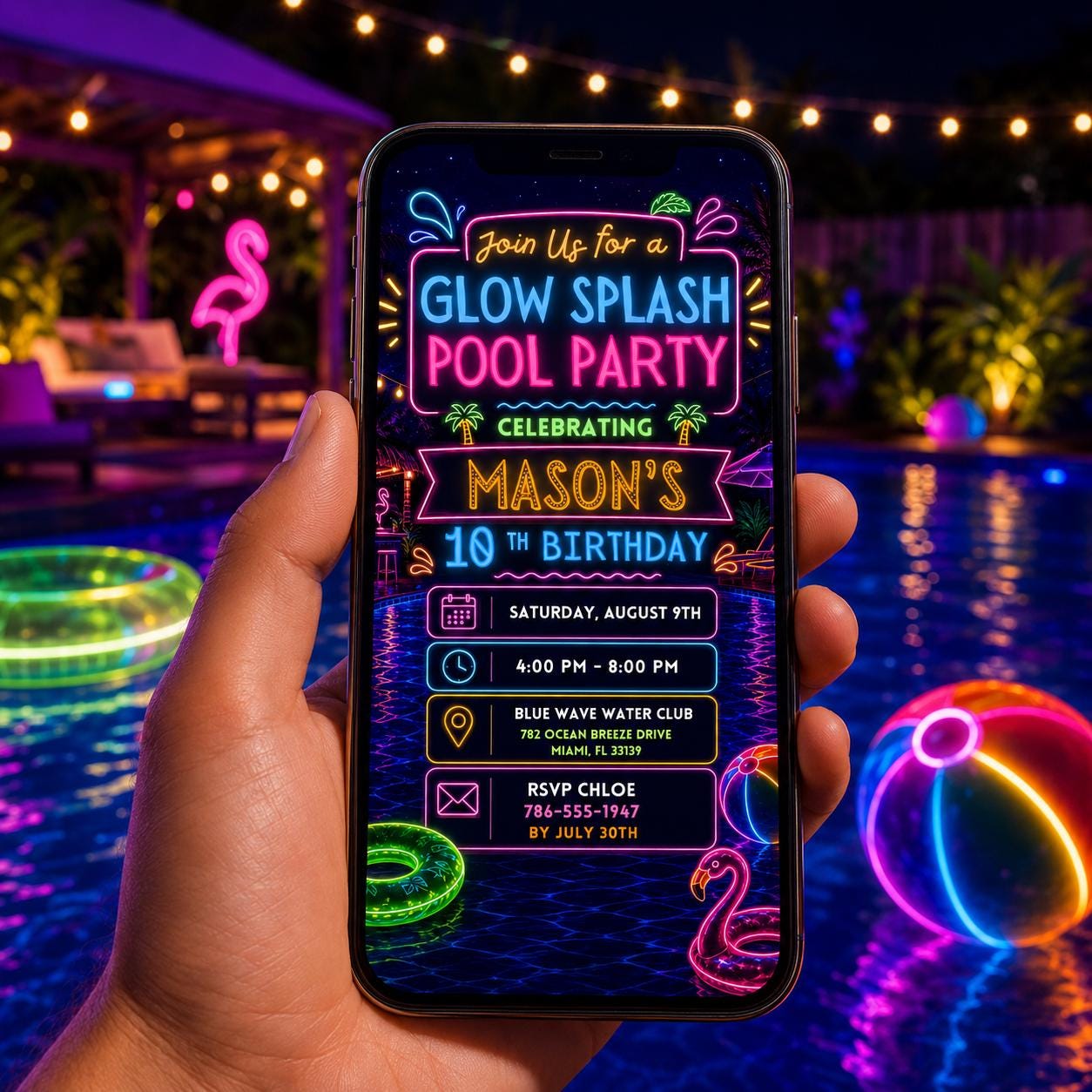 Editable Pool Birthday Invitation Canva Template, Neon Girls Pool Cute Modern Fun Themed DIY Sweet Party Invite, Printable Digital Download.