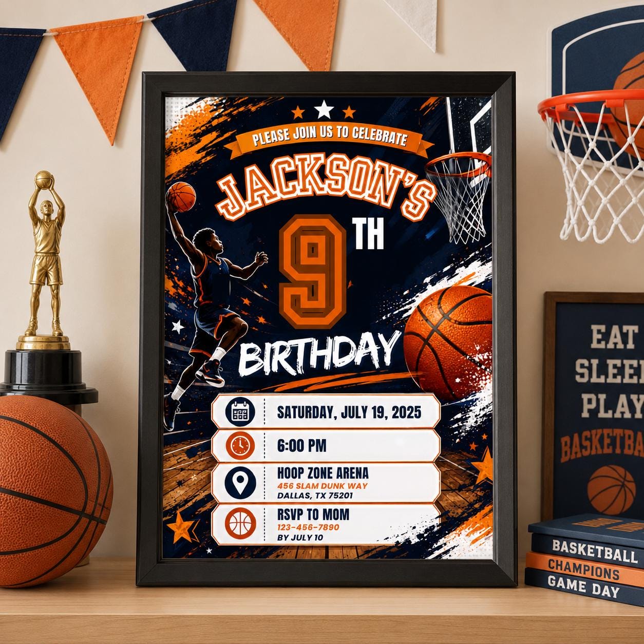Editable Basketball Birthday Invitation Canva Template, Gold Black Luxury Sport Cute Fun DIY Sweet Party Invite, Printable Digital Download.