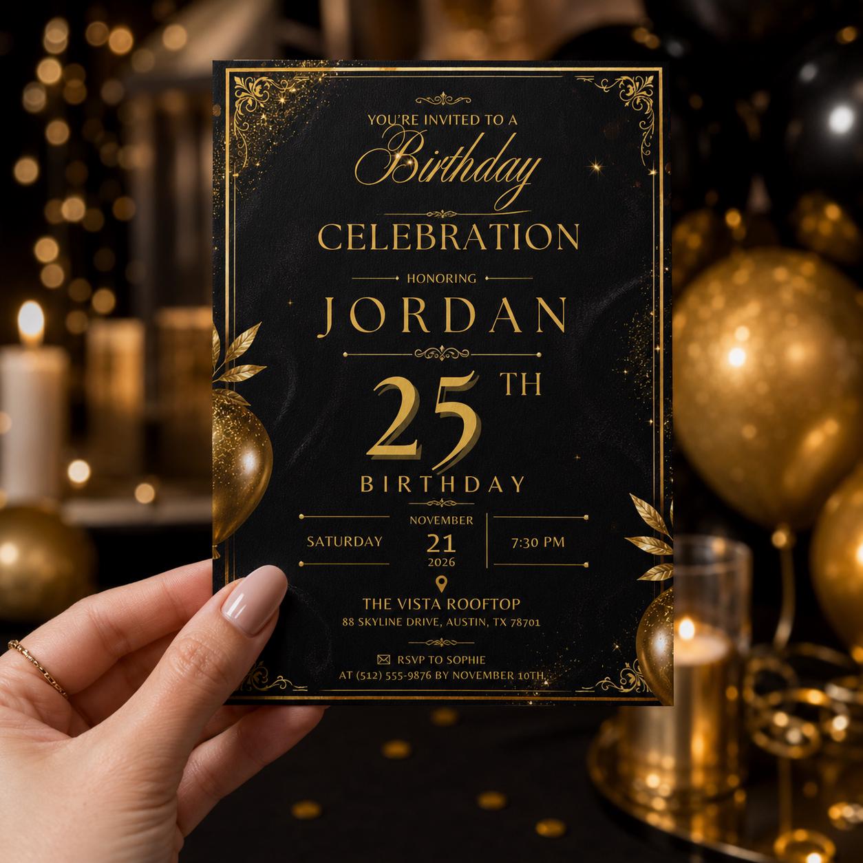 Editable Black Gold Birthday Invitation Canva Template, Modern Luxury Boys Cute Fun DIY Sweet Chic Party Invite, Printable Digital Download.