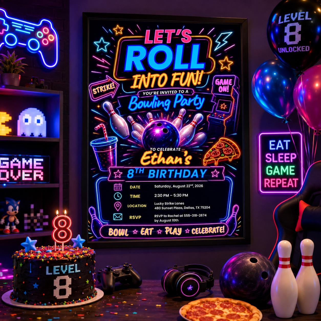 Editable Neon Glow Birthday Invitation Canva Template, Boys Teens Neon Cute Fun DIY Chic Kids Teen Party Invite, Printable Digital Download.