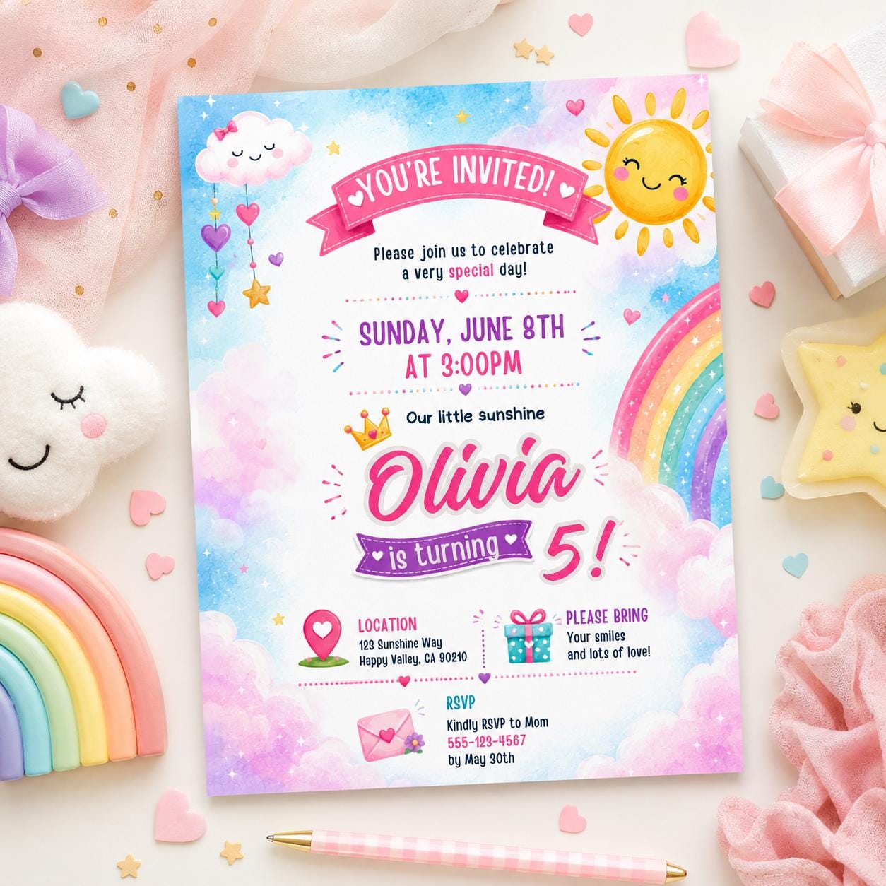 Editable Rainbow Birthday Invitation Canva Template, Girls Cute Fun DIY Sweet Chic Kids Teen Tween Party Invite, Printable Digital Download.