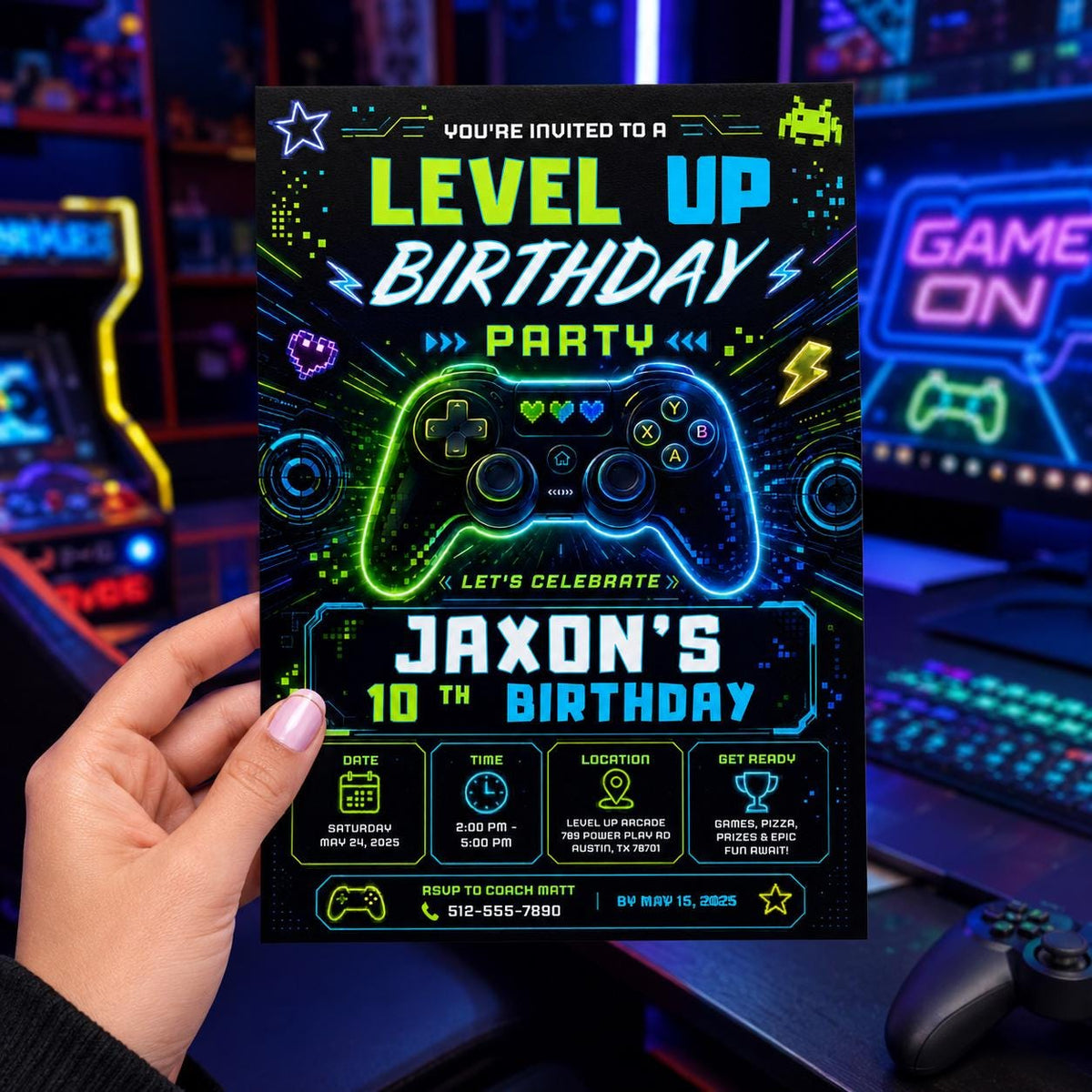 Editable Gamer Birthday Invitation Canva Template, Blue Green Neon Boys Cute Modern Fun Themed DIY Party Invite, Printable Digital Download.