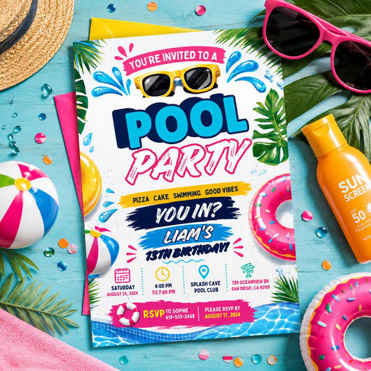 Editable Pool Birthday Invitation Canva Template, Boys Teens Pool Cute Modern Fun Themed DIY Sweet Party Invite, Printable Digital Download.