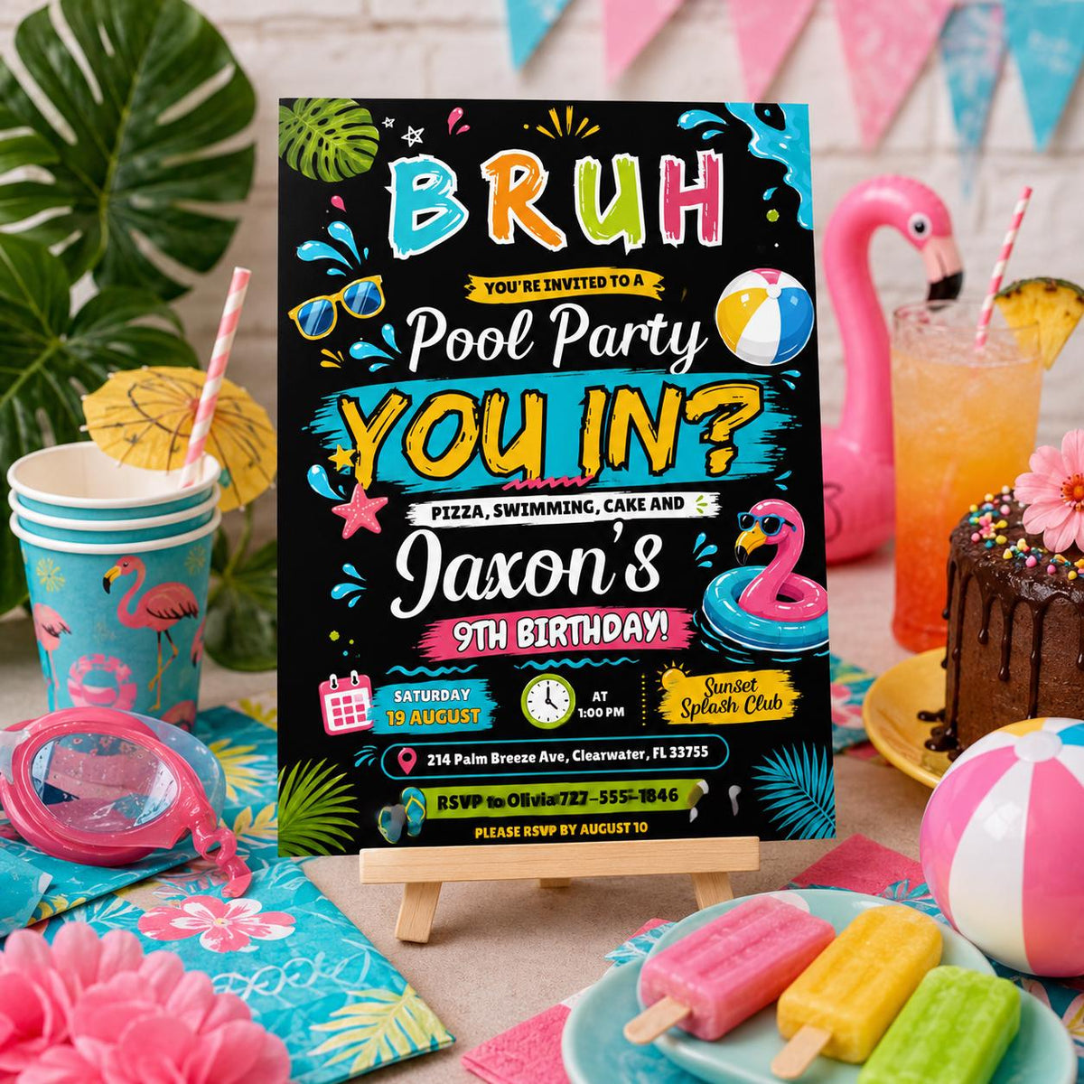 Editable Pool Birthday Invitation Canva Template, Boys Teens Pool Cute Modern Fun Themed DIY Sweet Party Invite, Printable Digital Download.
