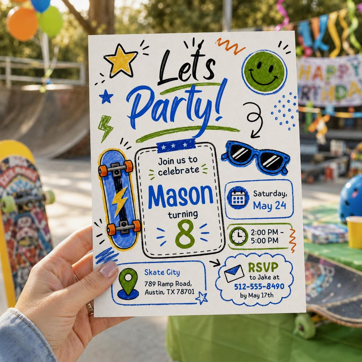 Editable Lets Birthday Invitation Canva Template, Blue Green Boys Kids Any Age Cute Modern Fun DIY Party Invite, Printable Digital Download.