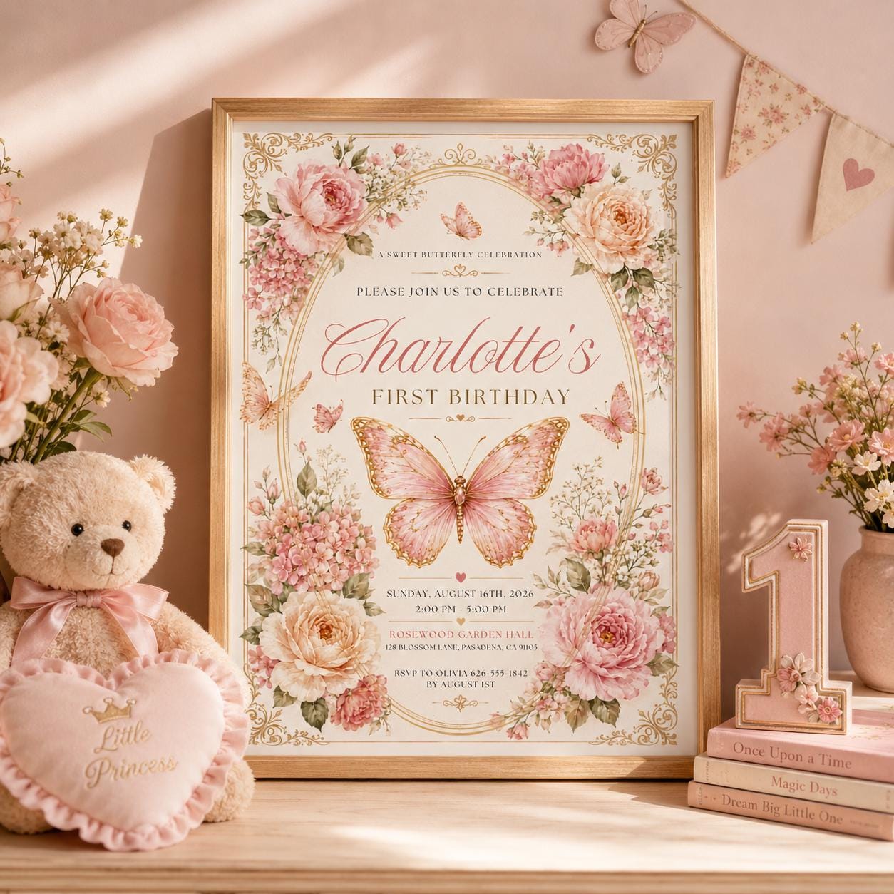 Editable Floral Birthday Invitation Canva Template, Pink Gold Luxury Girls Cute Fun DIY Sweet Chic Party Invite, Printable Digital Download.