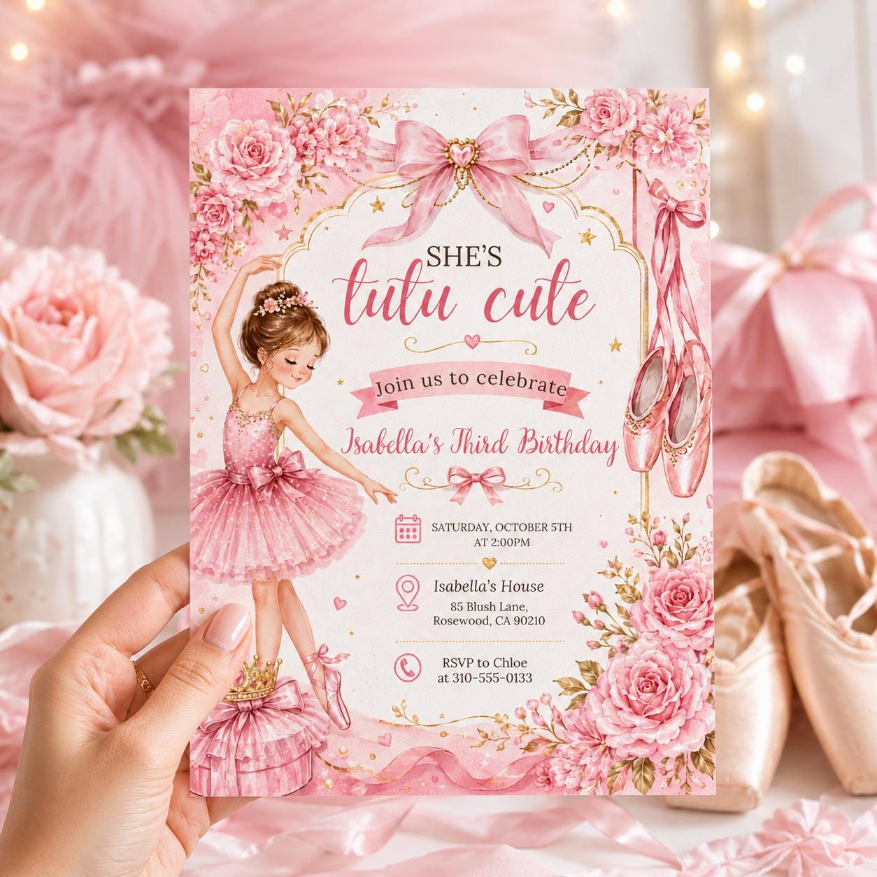 Editable Tutu Cute Birthday Invitation Canva Template, Pink Girls Kids Cute Modern Fun Instant DIY Party Invite, Printable Digital Download.