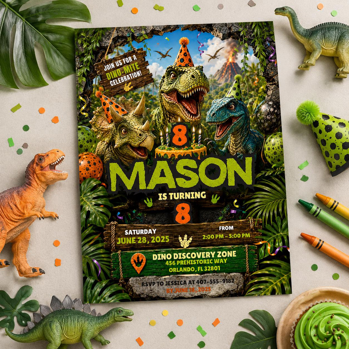 Editable Dinosaur Birthday Invitation Canva Template, Boys Kids Dino Cute Modern Fun DIY Chic Teen Party Invite, Printable Digital Download.