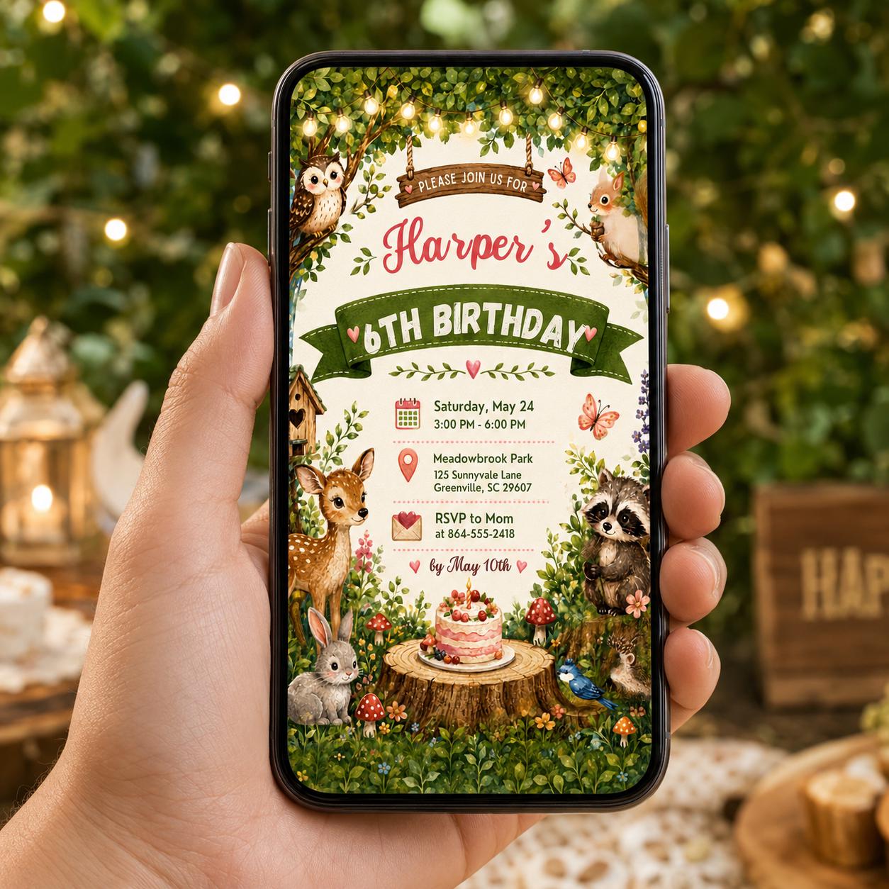 Editable Woodland Birthday Invitation Canva Template, Cute Girls Kids Forest Modern Fun Themed DIY Party Invite, Printable Digital Download.