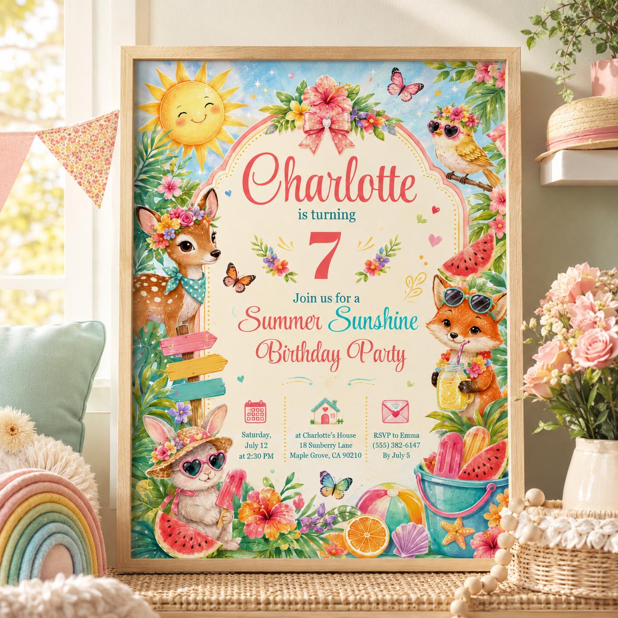 Editable Summer Birthday Invitation Canva Template, Pastel Kids Cute Fun DIY Sweet Chic Teen Tween Party Invite, Printable Digital Download.