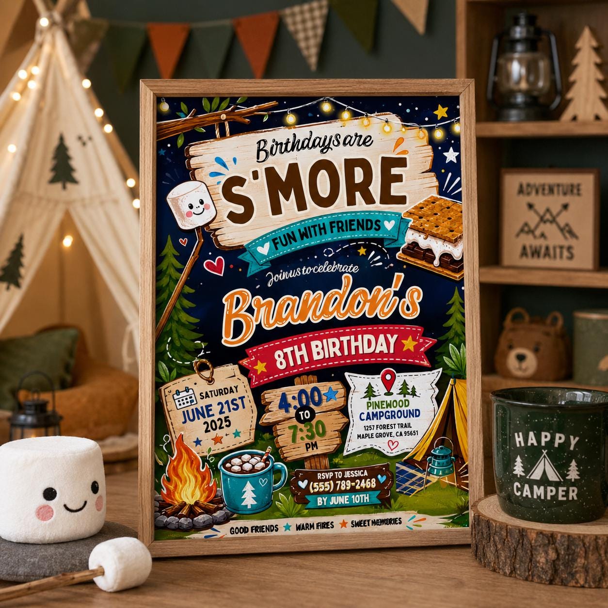 Editable Camping Birthday Invitation Canva Template, Kids Cute Fun DIY Sweet Chic Teen Tween Adult Party Invite, Printable Digital Download.