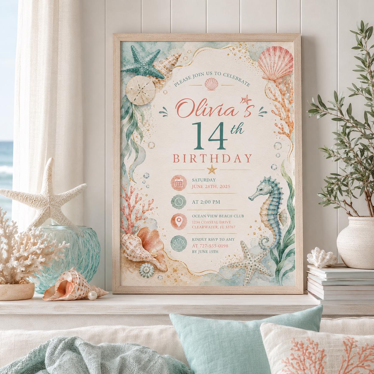 Editable Coastal Birthday Invitation Canva Template, Blue Girls Teens Beach Cute Fun DIY Chic Kids Party Invite, Printable Digital Download.