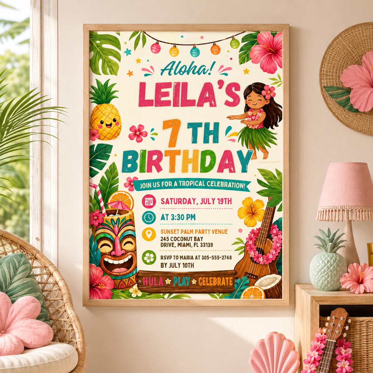 Editable Tropical Birthday Invitation Canva Template, Kids Summer Cute Modern Fun Themed DIY Sweet Party Invite, Printable Digital Download.