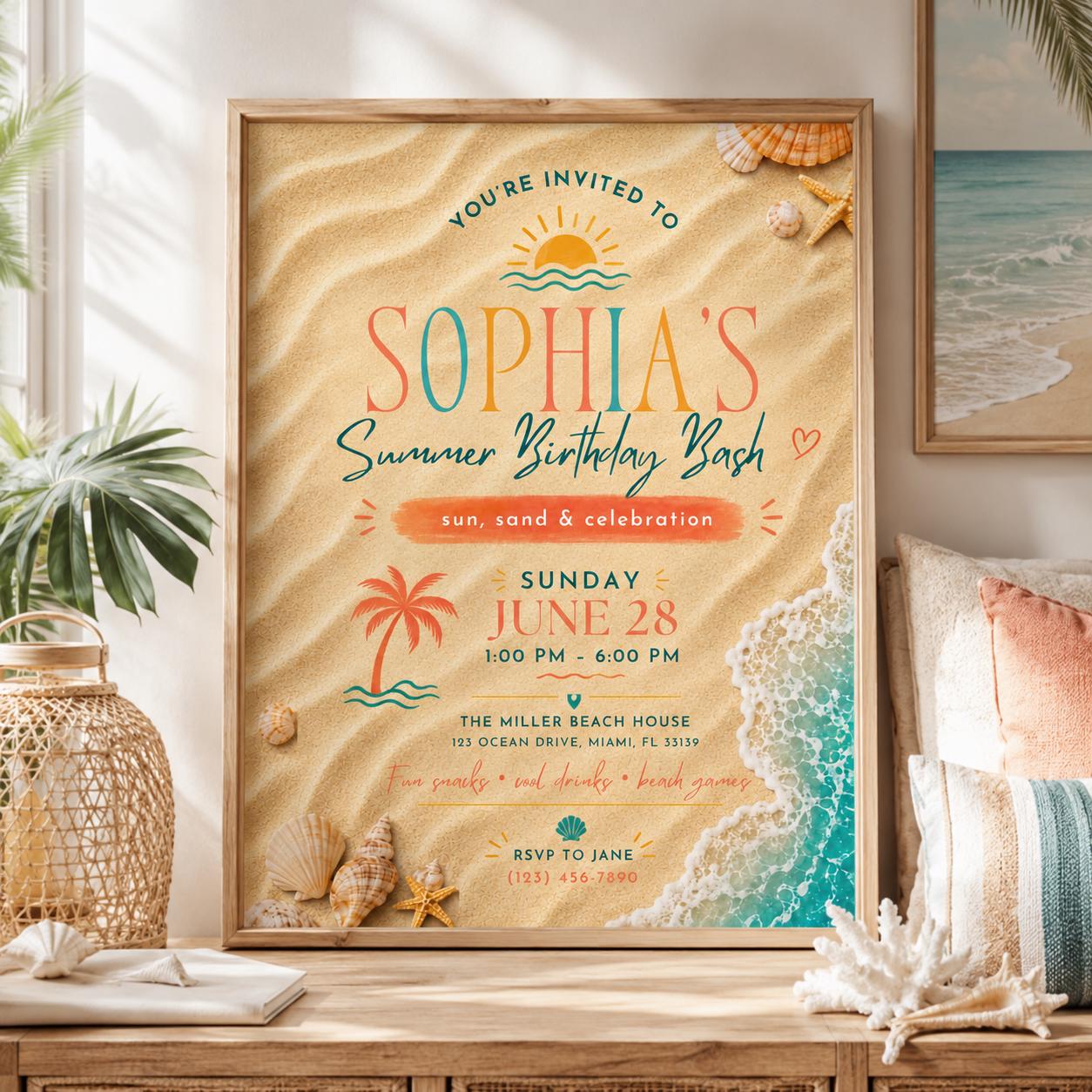 Editable Coastal Birthday Invitation Canva Template, Blue Girls Teens Beach Cute Fun DIY Chic Kids Party Invite, Printable Digital Download.