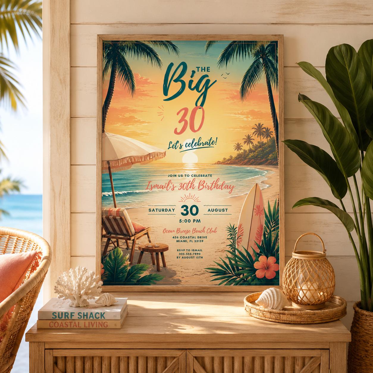 Editable Coastal Birthday Invitation Canva Template, Blue Girls Teens Beach Cute Fun DIY Chic Kids Party Invite, Printable Digital Download.
