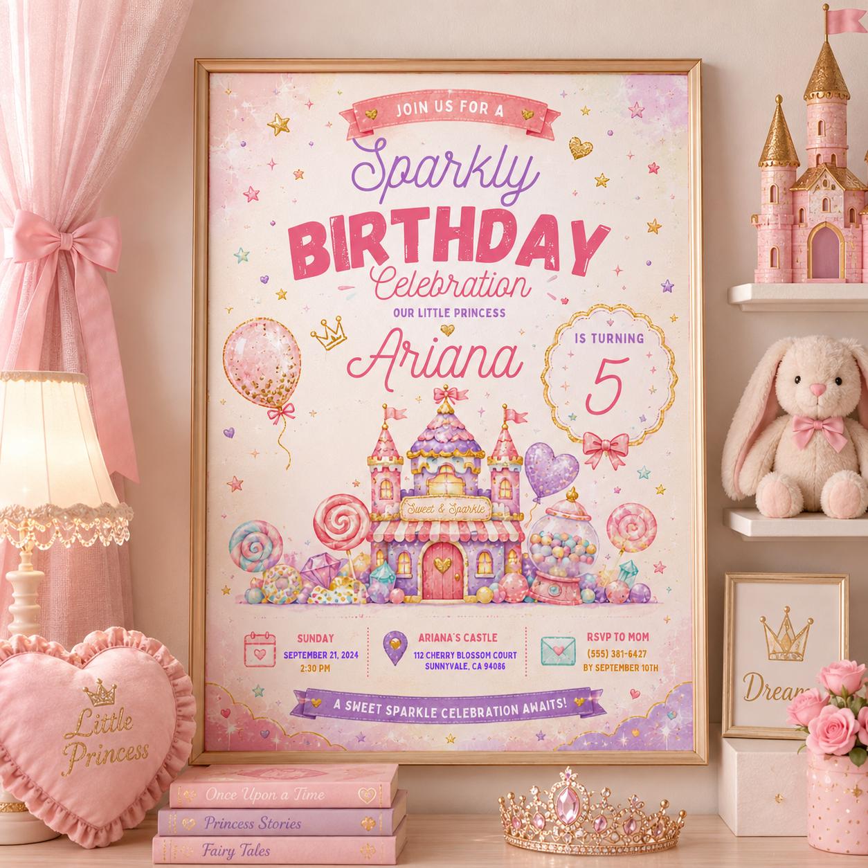 Editable Glitter Dumpling Birthday Invitation Canva Template, Trendy Girls Kids Cute Fun DIY Sweet Party Invite, Printable Digital Download.