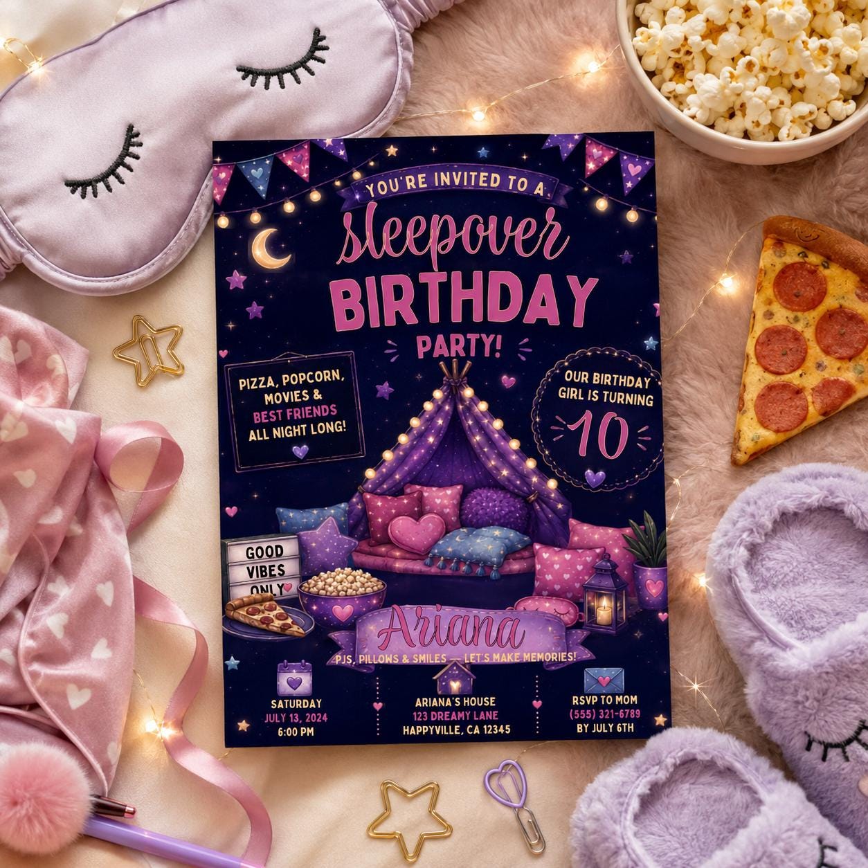 Editable Sleepover Birthday Invitation Canva Template, Girls Kids Teens Cute Modern Fun Themed DIY Party Invite, Printable Digital Download.