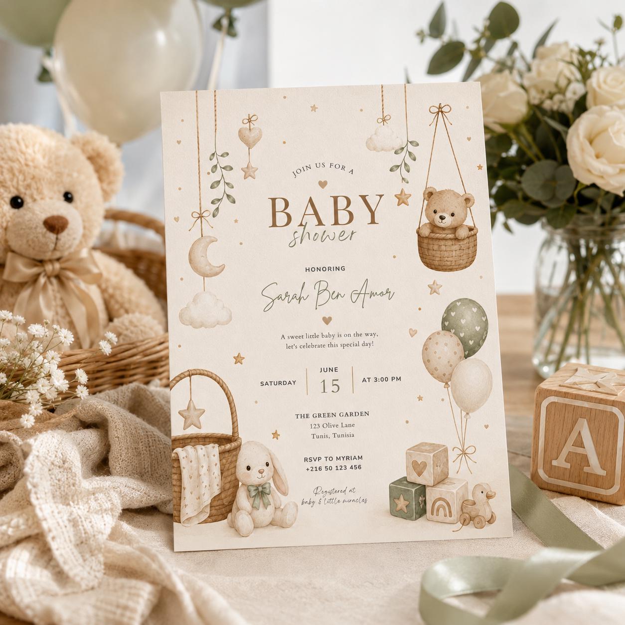 Editable Honey Bear Baby Shower Invitation Canva Template, Green Beige Boho Kids Bear Cute Fun DIY Party Invite, Printable Digital Download.