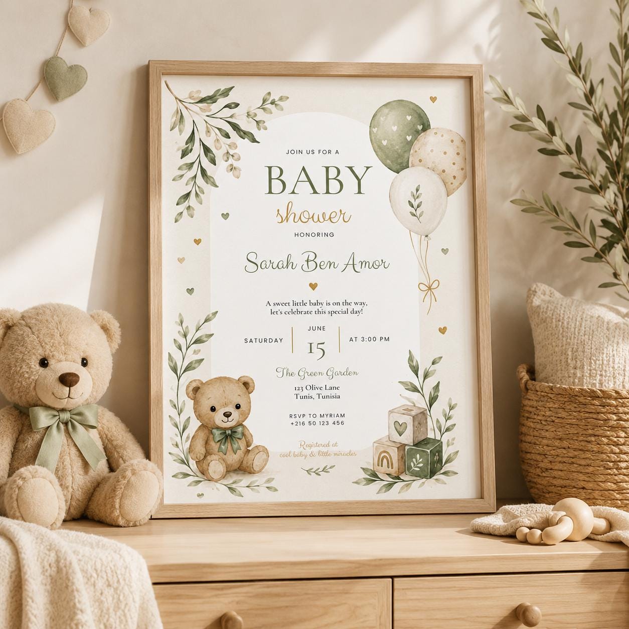 Editable Honey Bear Baby Shower Invitation Canva Template, Green Beige Boho Kids Bear Cute Fun DIY Party Invite, Printable Digital Download.