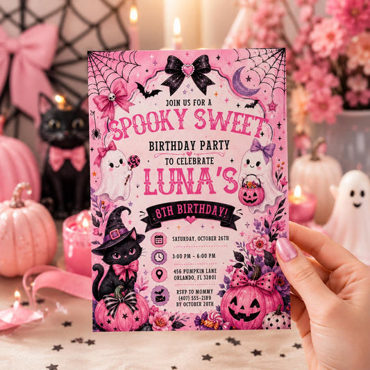 Pink Halloween Birthday Invitation, Spooky Sweet Ghost Party Invite, Girls Halloween Party, Editable Canva Template, Printable Invite