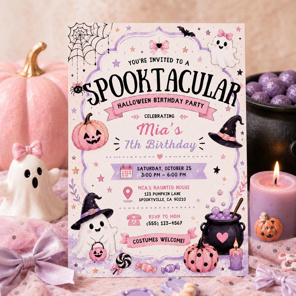 Pink Halloween 7th Birthday Invitation, Cute Ghost Party Invite, Girls Spooky Costume Party, Editable Canva Template, Instant Download