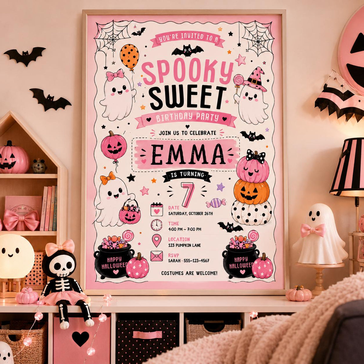 Pink Halloween 8th Birthday Invitation, Spooky Sweet Ghost Party Invite, Girls Costume Party, Editable Canva Template