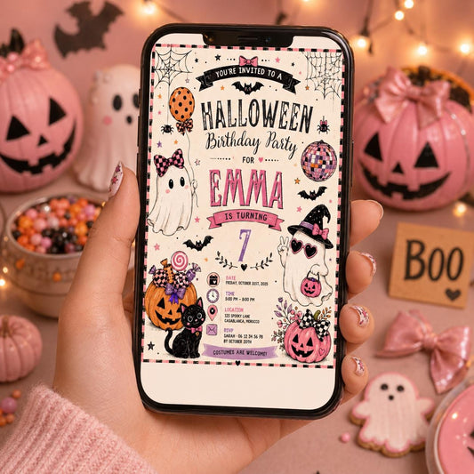 Pink Halloween 7th Birthday Invitation, Cute Ghost Party Invite, Girls Spooky Costume Party, Editable Canva Template, Instant Download