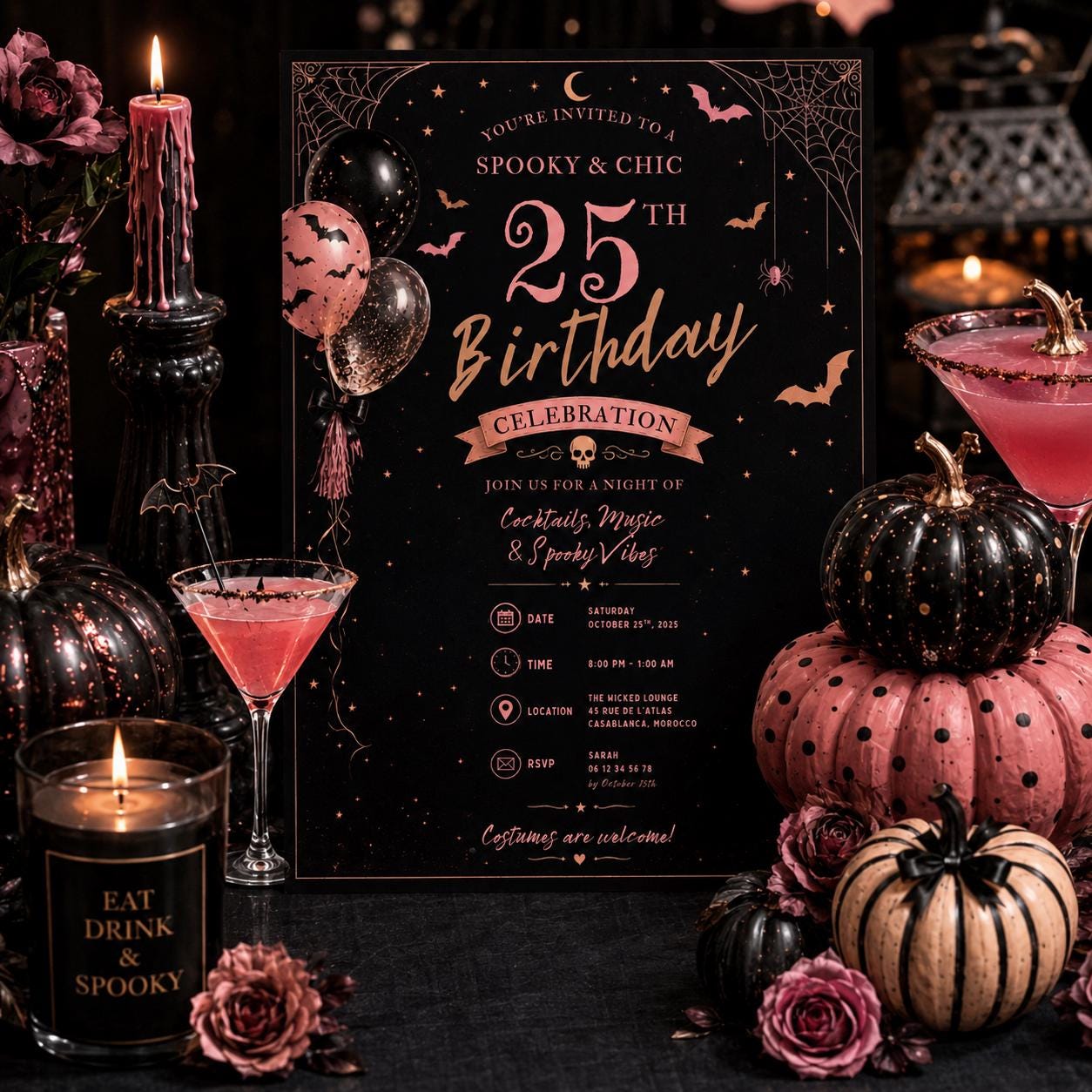 Halloween 25th Birthday Invitation, Pink Cocktail Party Invite, Spooky Adult Birthday, Editable Canva Template, Instant Download
