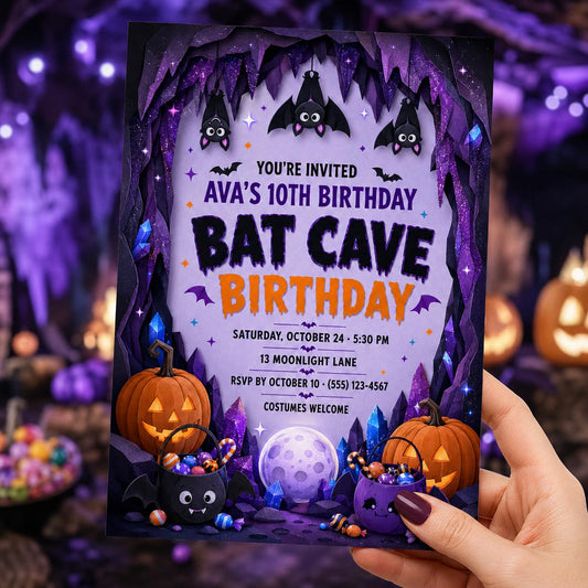 Bat Cave Birthday Invitation, Cute Halloween Bat Party Invite for Kids, Editable Canva Template, Instant Download