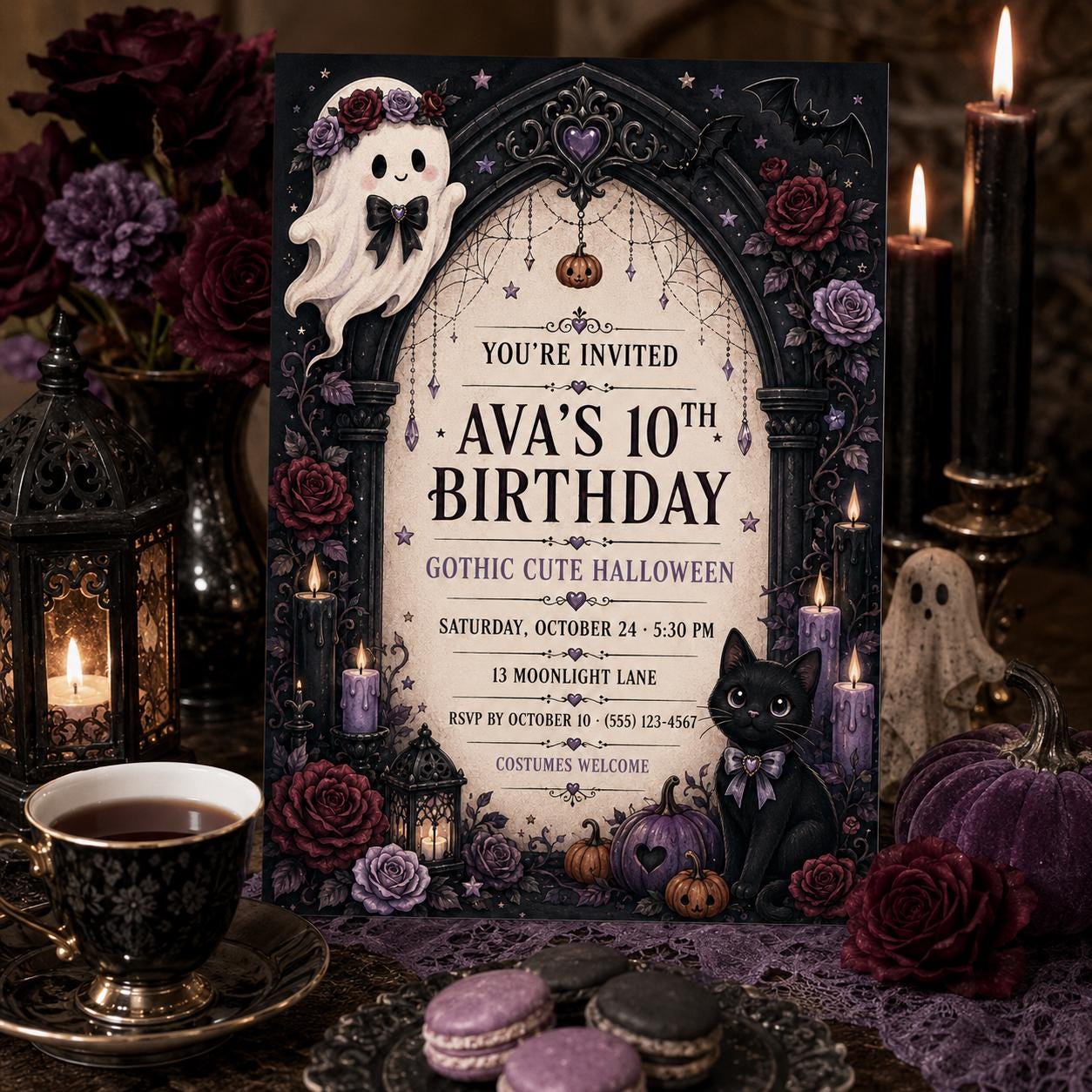 Gothic Cute Halloween Birthday Invitation, Black Cat Ghost Party Invite, Editable Canva Template, Instant Download