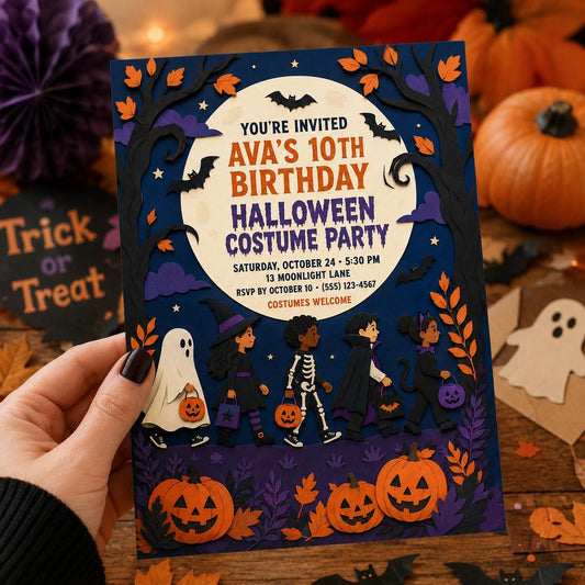 Halloween Costume Party Birthday Invitation, Trick or Treat Kids Party Invite, Editable Canva Template, Instant Download