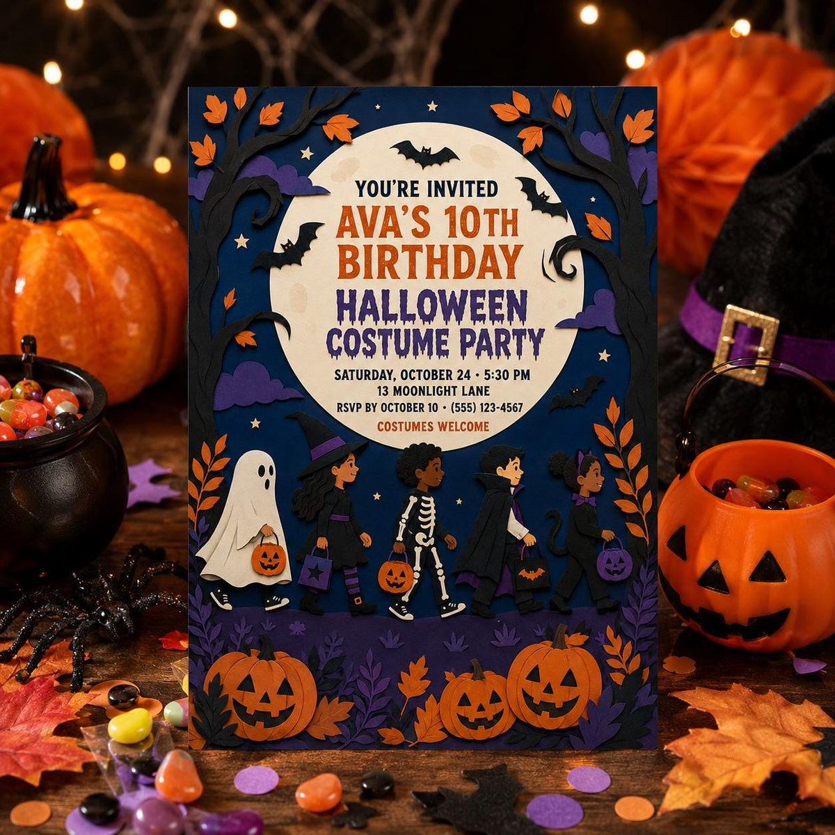 Halloween Costume Party Birthday Invitation, Trick or Treat Kids Party Invite, Editable Canva Template, Instant Download