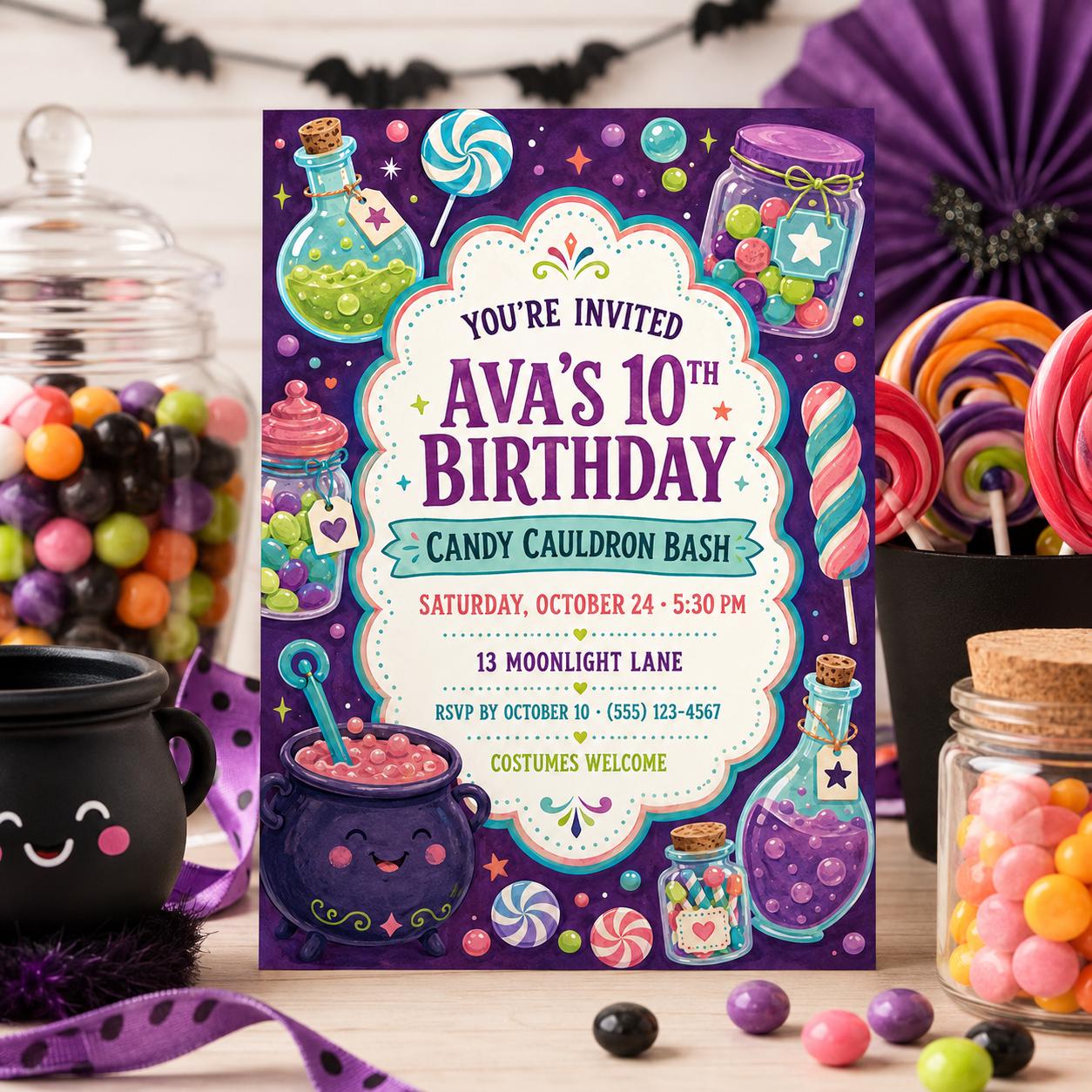 Candy Cauldron Birthday Invitation, Witch Potion Halloween Party Invite for Girls, Editable Canva Template, Instant Download