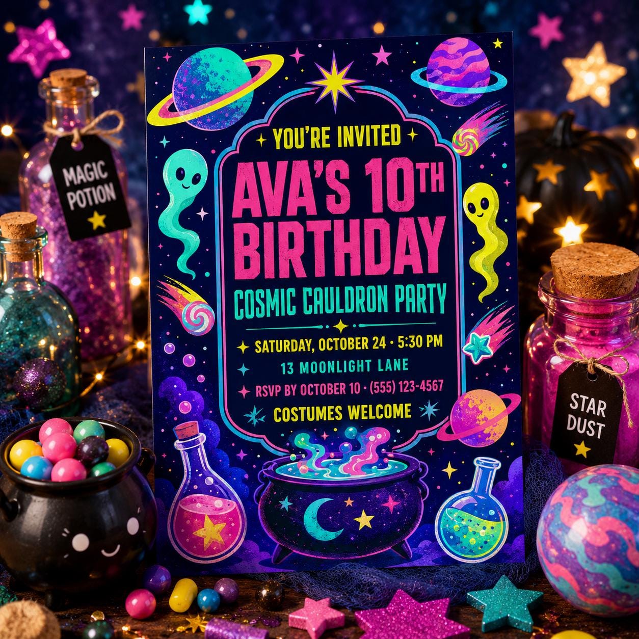 Cosmic Cauldron Birthday Invitation, Neon Space Halloween Party Invite for Kids, Editable Canva Template, Instant Download