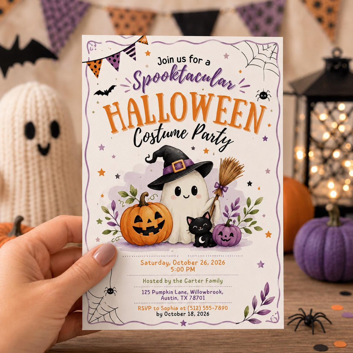 Halloween Costume Party Invitation, Cute Ghost Party Invite, Editable Canva Template, Kids Spooky Celebration Printable, Instant Download
