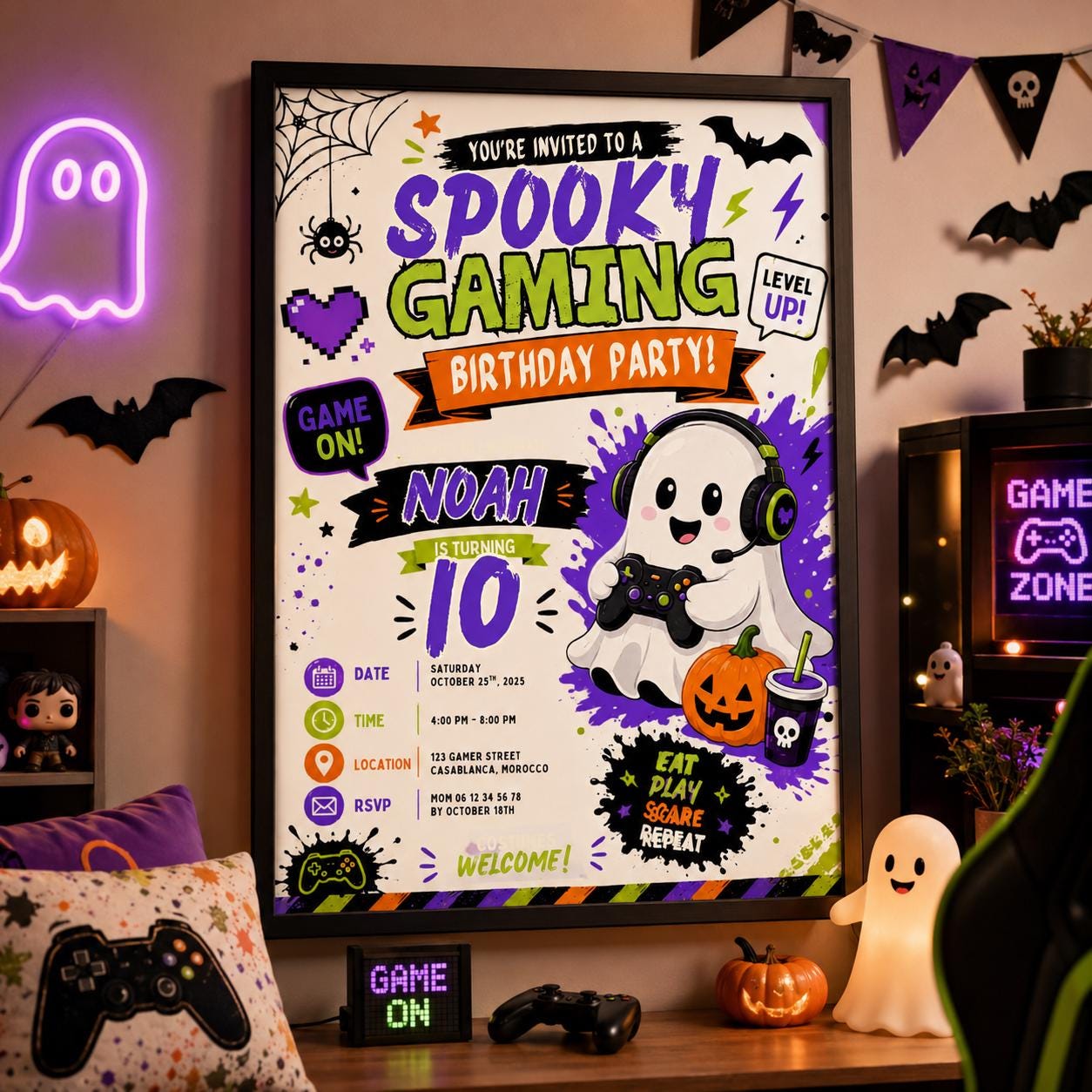 Spooky Gaming 10th Birthday Invitation, Halloween Video Game Party Invite, Neon Gamer Editable Canva Template, Instant Download