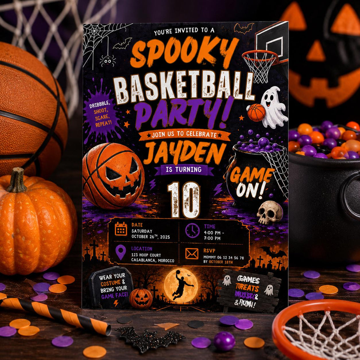 Halloween Basketball Birthday Invitation, Spooky Sports Party Invite, Editable Canva Template, 10th Birthday Instant Download