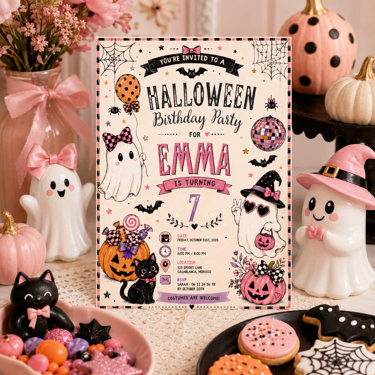 Pink Halloween 7th Birthday Invitation, Cute Ghost Party Invite, Girls Spooky Costume Party, Editable Canva Template, Instant Download