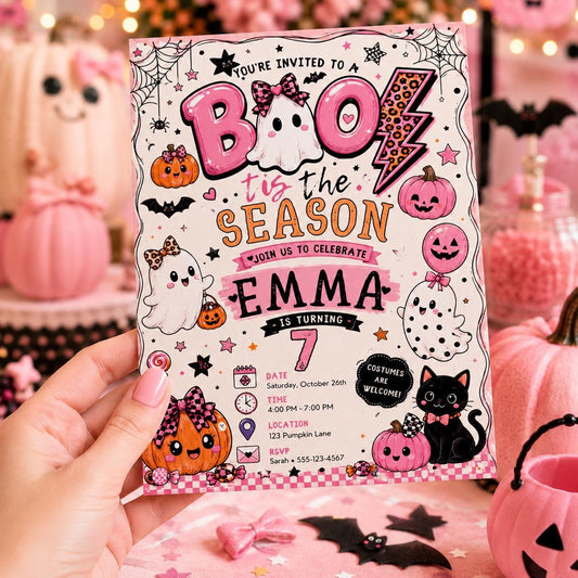 Pink Halloween 7th Birthday Invitation, Cute Boo Ghost Party Invite, Girls Spooky Birthday, Editable Canva Template, Instant Download