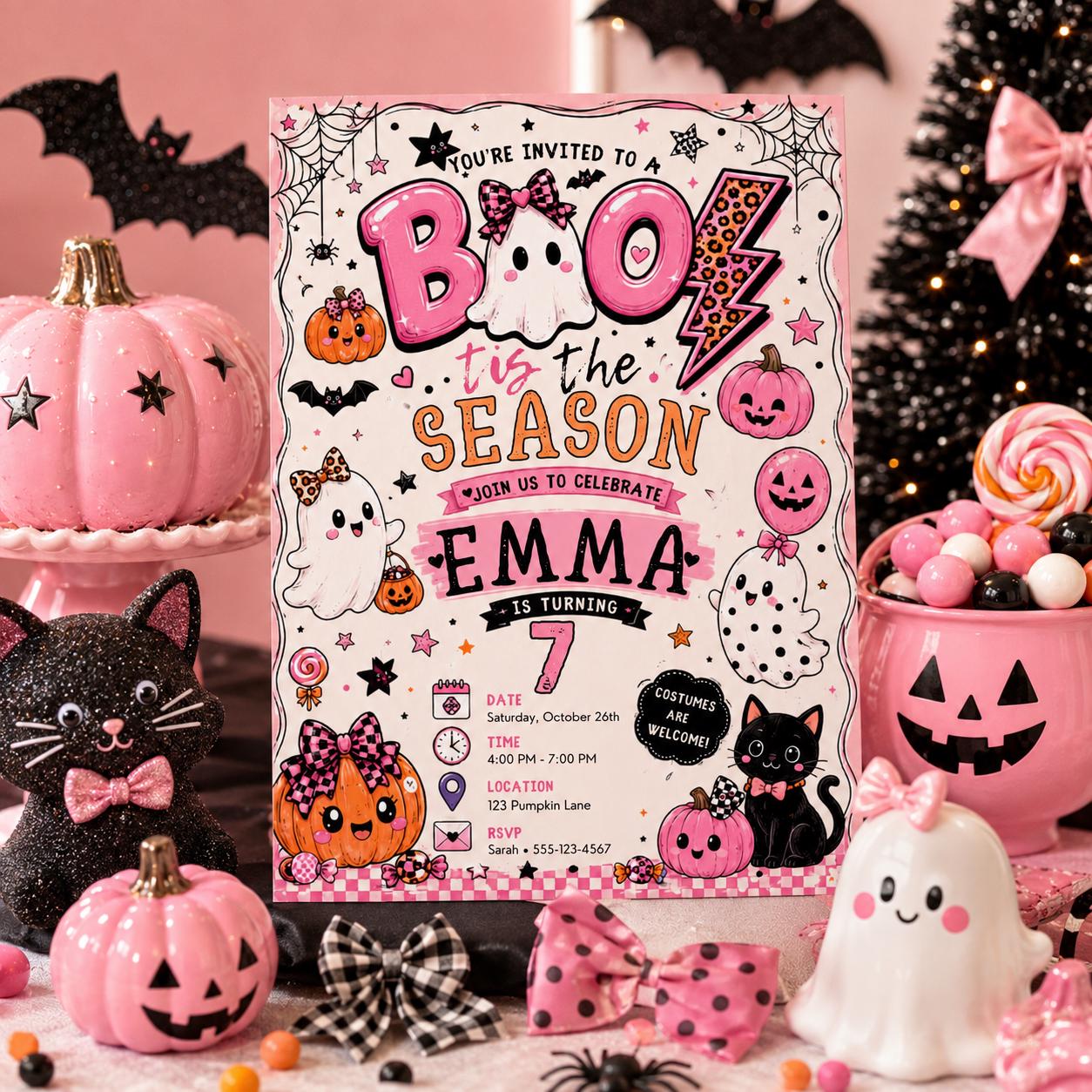 Pink Halloween 7th Birthday Invitation, Cute Boo Ghost Party Invite, Girls Spooky Birthday, Editable Canva Template, Instant Download
