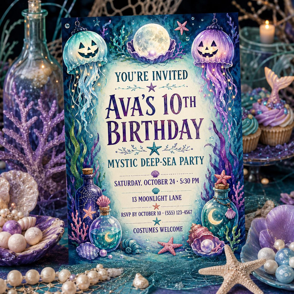 Mystic Deep Sea Birthday Invitation, Underwater Halloween Party Invite, Jellyfish Mermaid Birthday, Editable Canva Template