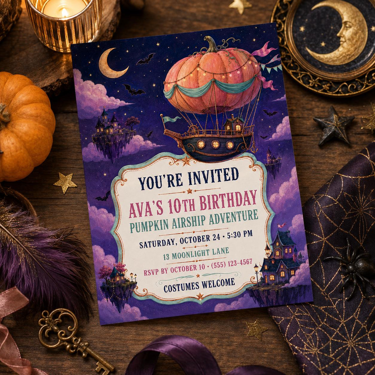 Pumpkin Airship Birthday Invitation, Whimsical Halloween Party Invite, Magical Adventure Birthday, Editable Canva Template