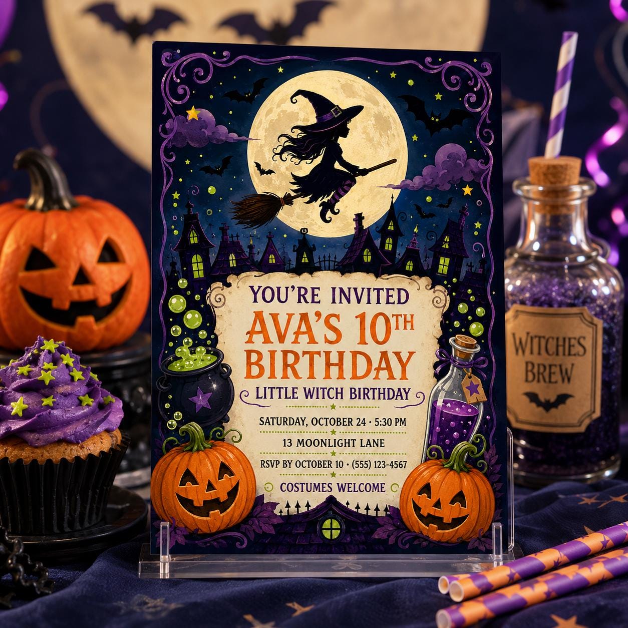 Little Witch Birthday Invitation, Cute Halloween Party Invite for Girls, Spooky Witch Birthday, Editable Canva Template