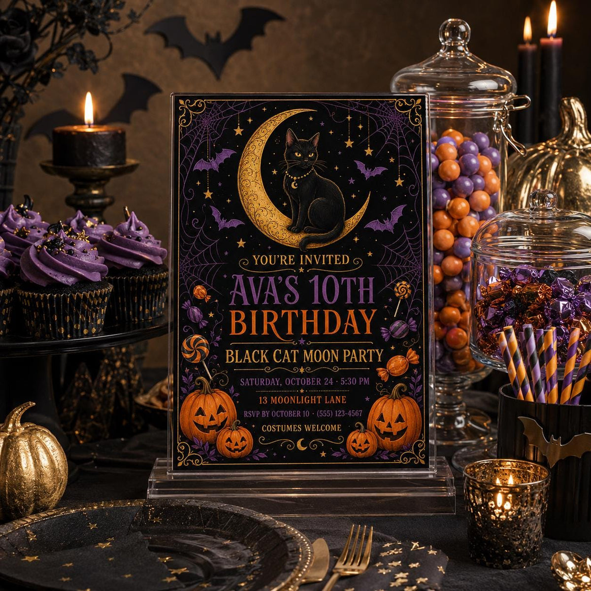 Black Cat Moon Birthday Invitation, Celestial Halloween Party Invite, Witchy Cat Birthday, Editable Canva Template