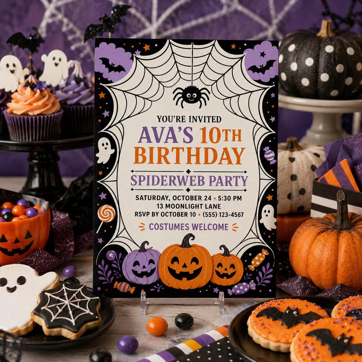 Spiderweb Birthday Invitation, Cute Halloween Party Invite for Kids, Pumpkin and Ghost Editable Canva Template